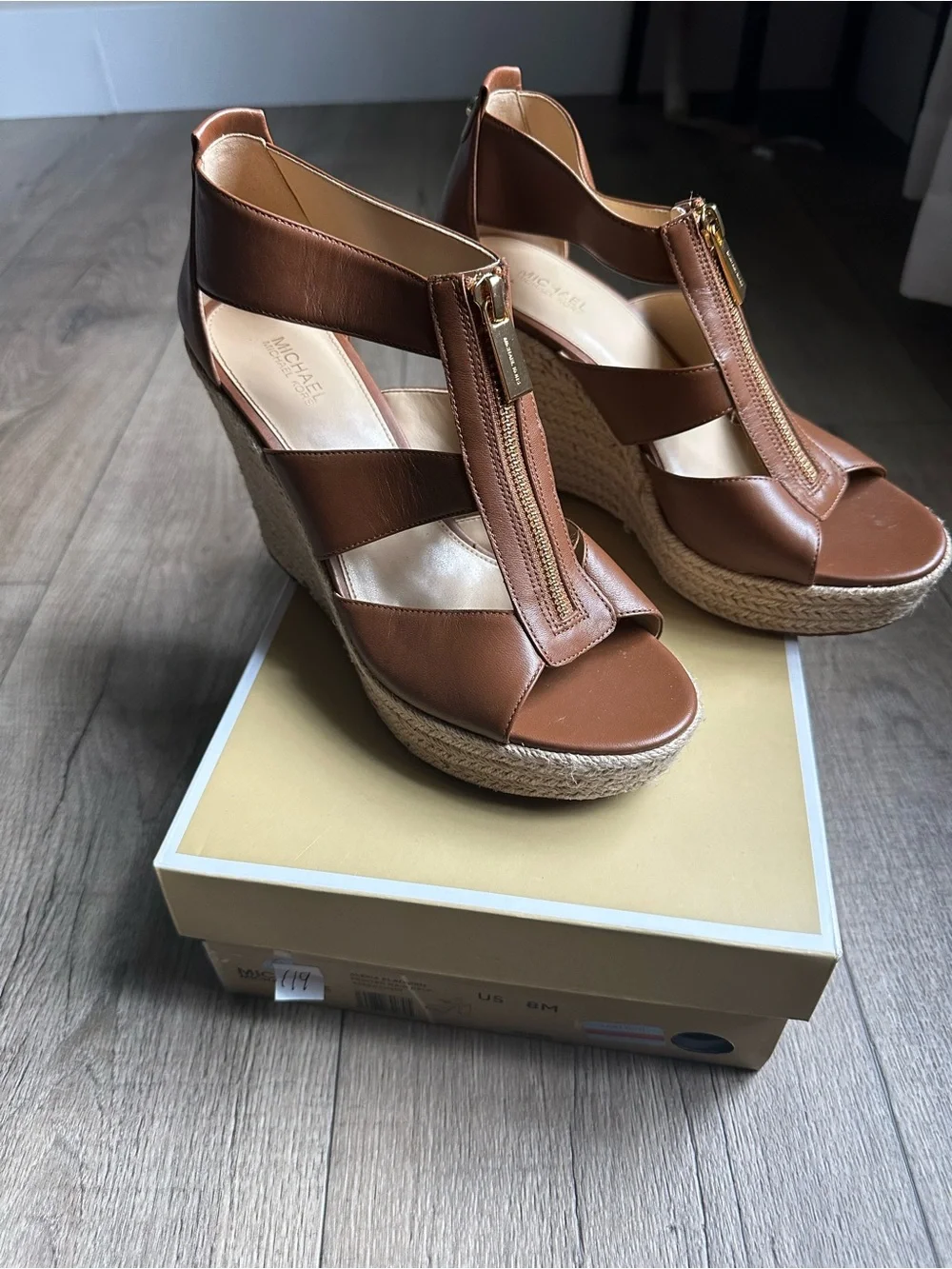 Michael Kors Tan Brown Leather Zip-Front Espadrille Wedge Sandals